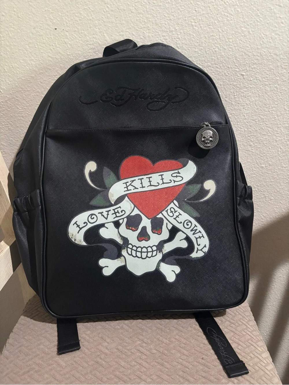 Ed Hardy Unisex Black Backpack with Red Heart and White Skull Graphic